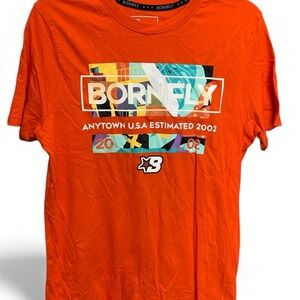 Bornfly Mens‎ Orange Graphic T Shirt Anytown USA Estimated 2002 Small New